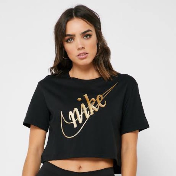 Nike ➰ BNWT ladies black glitter front logo short sleeve crop M - Picture 4 of 4